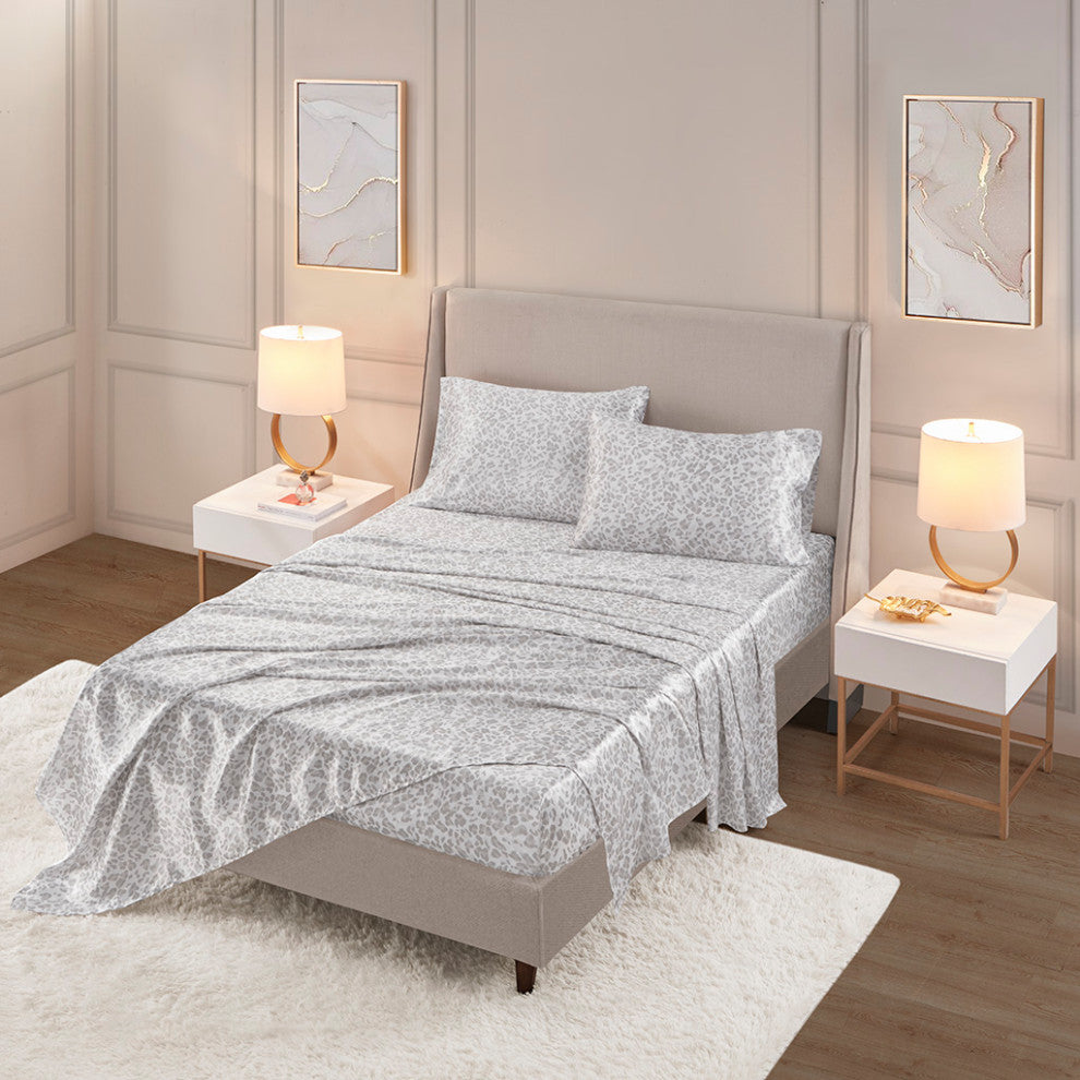 Madison Park Essentials Printed Satin Sheet Set, King Gray Leopard