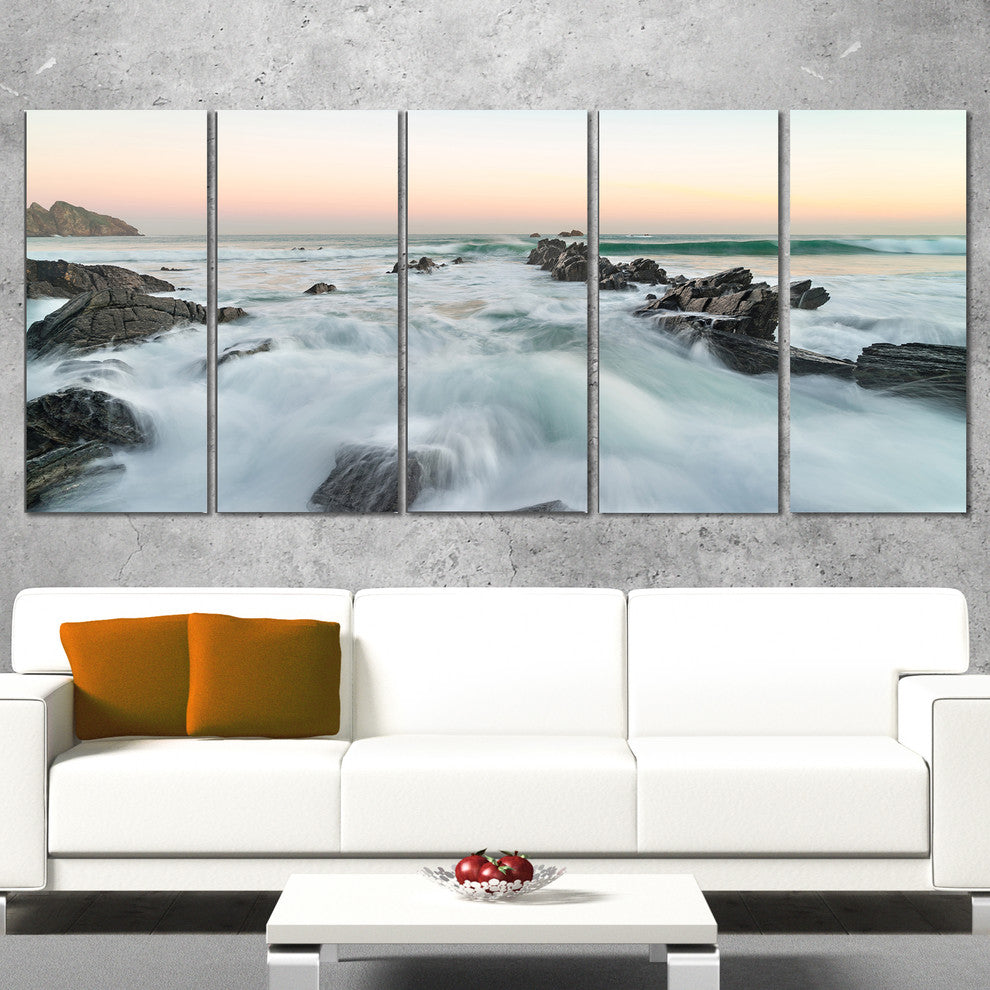 "Sunrise At The Bay of Biscay" Modern Beach Canvas Art Print, 5 Panels, 60"x28"