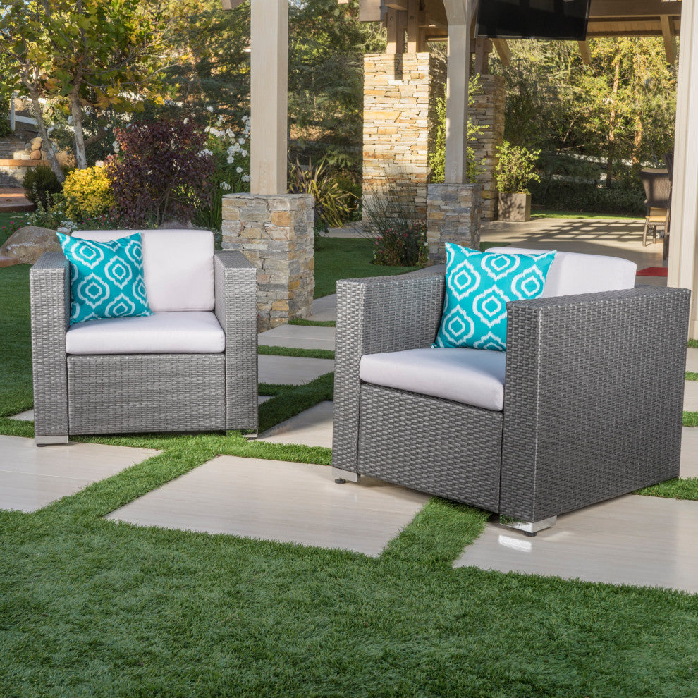 GDF Studio Verin Outdoor Gray Wicker Club Chairs, Silver Cushions, Set of 2