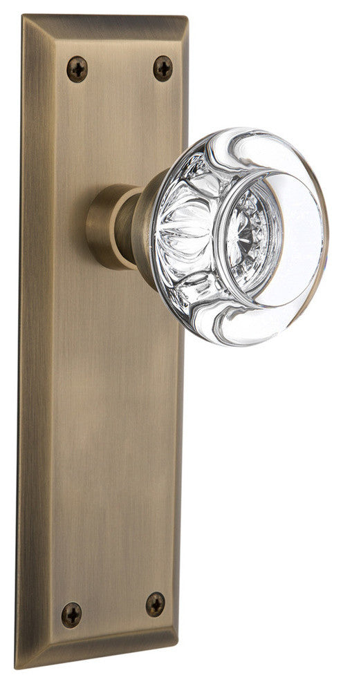 New York Plate With Round Clear Crystal Knob, Antique Brass