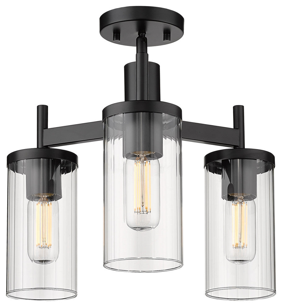Winslett 3 Light Semi-Flush, Matte Black With Ribbed Clear Glass