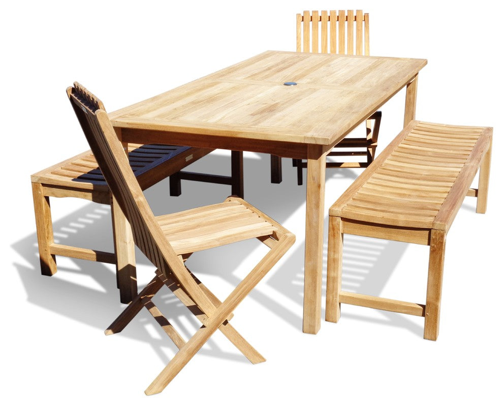 71x35" Table with 2 Benches and 2 Folding Chairs, Grade A Teak