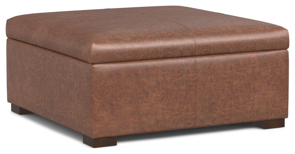 Gabbie Square Coffee Table Storage Ottoman, Distressed Saddle Brown