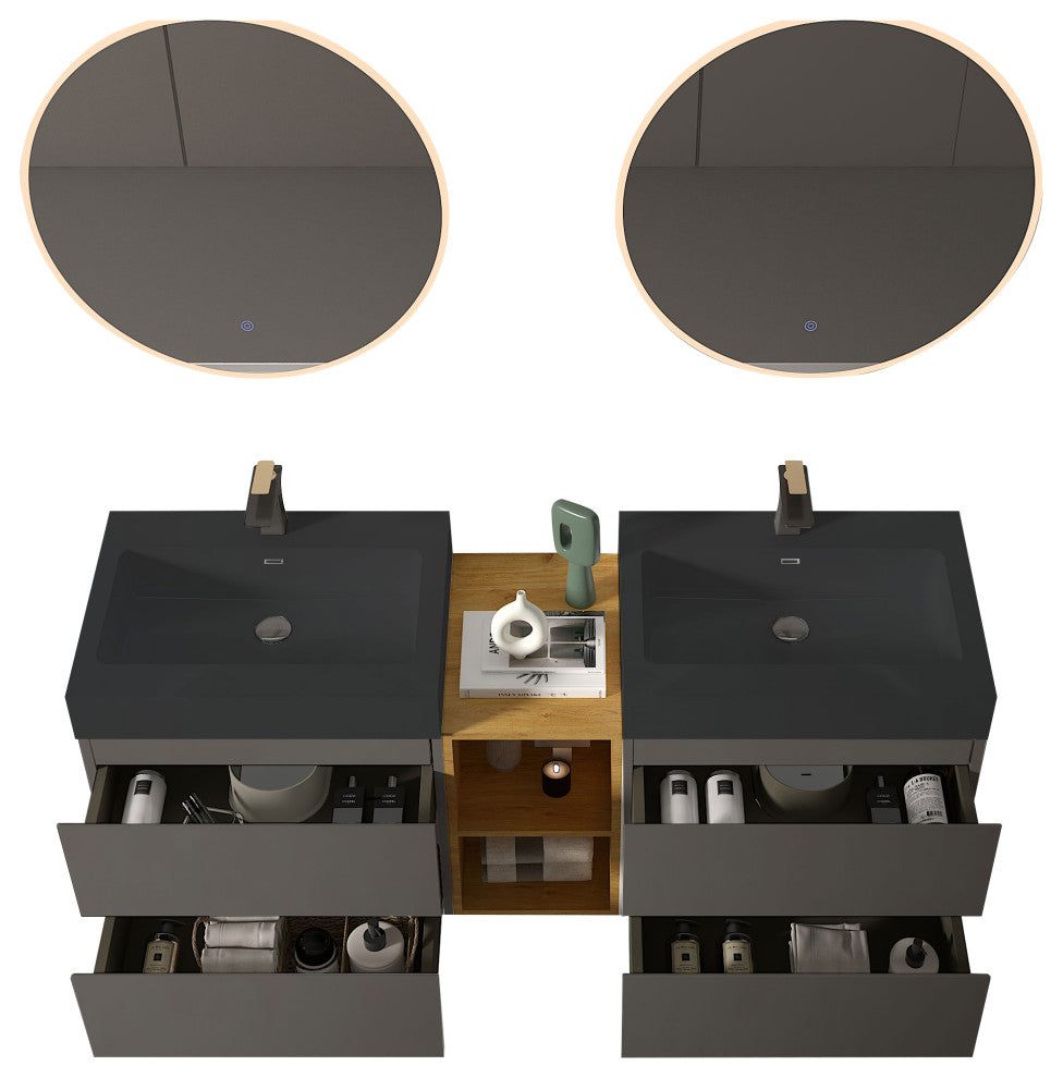 Wall-Mounted Bathroom Vanity with Double Sinks and Open Shelf, Light Gray, 72"