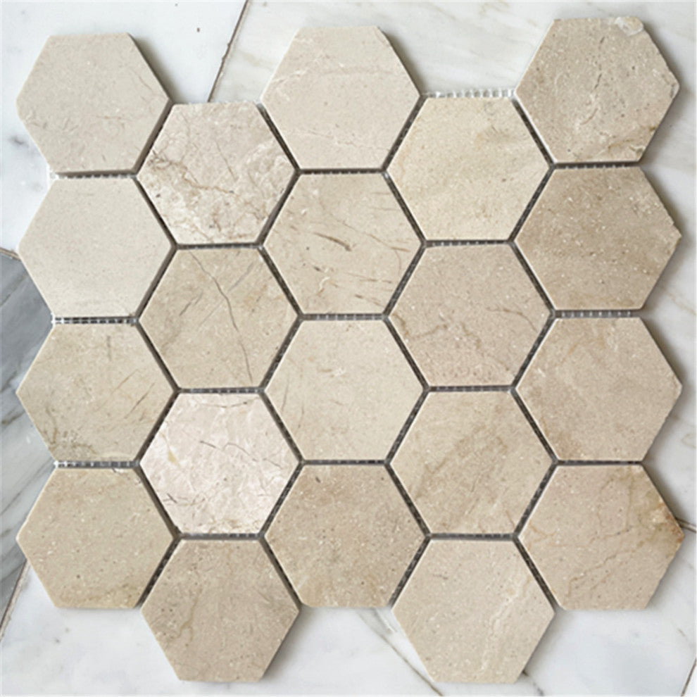 Crema Marfil Marble 3 inch Hexagon Mosaic Tile Polished, 1 sheet