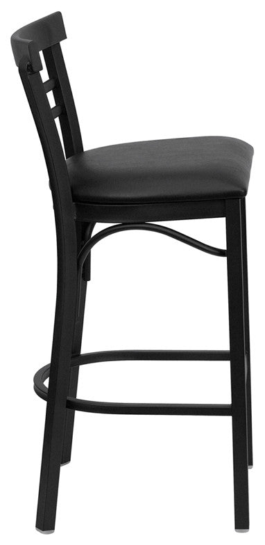Black Ladder Back Metal Restaurant Barstool, Black Vinyl Seat
