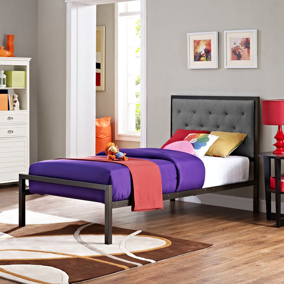 Modern Contemporary Twin Size Fabric Bed Frame, Gray Fabric