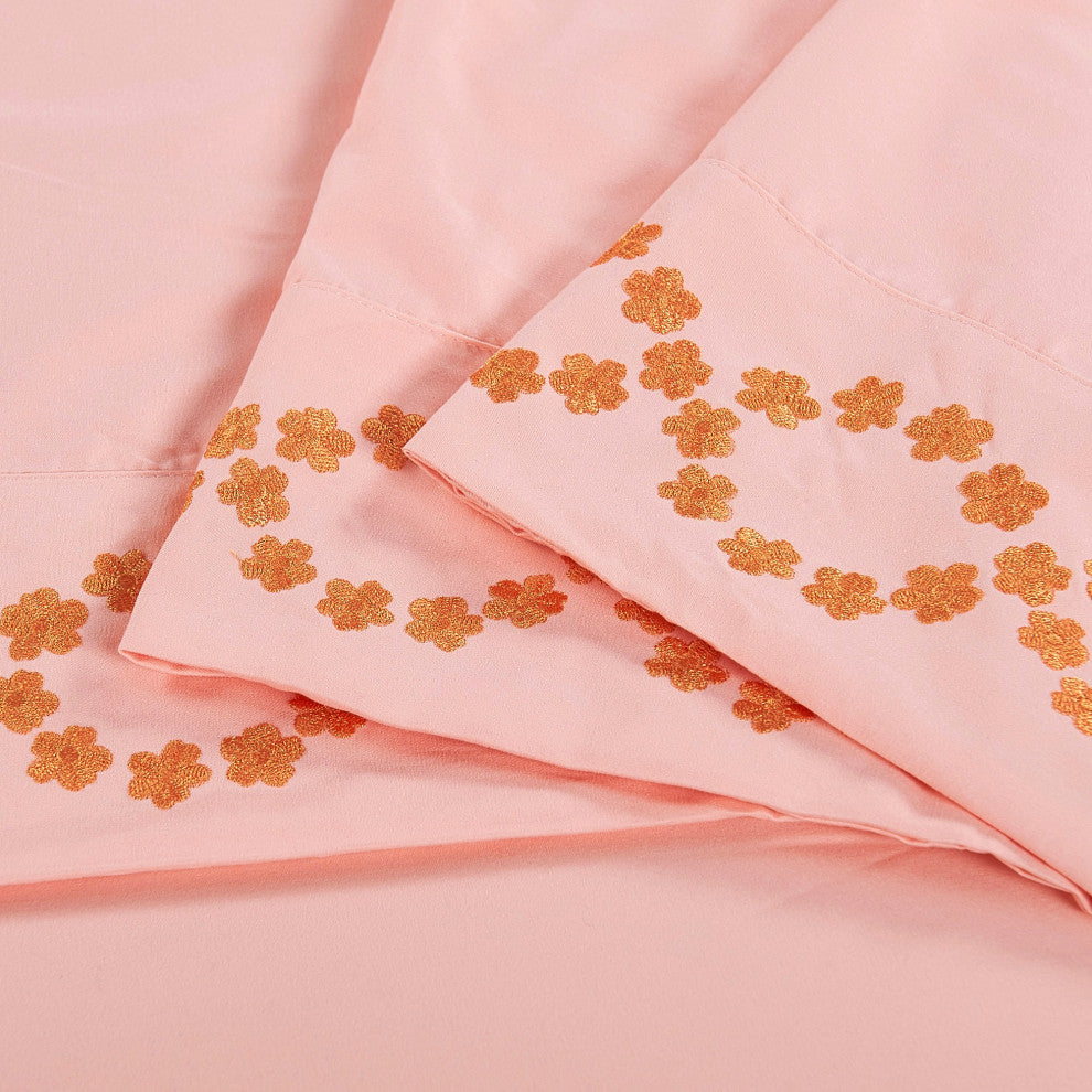 Serenta Puka Lei Embroidered 4 Piece Bed Sheet Set, Rose Quartz, King