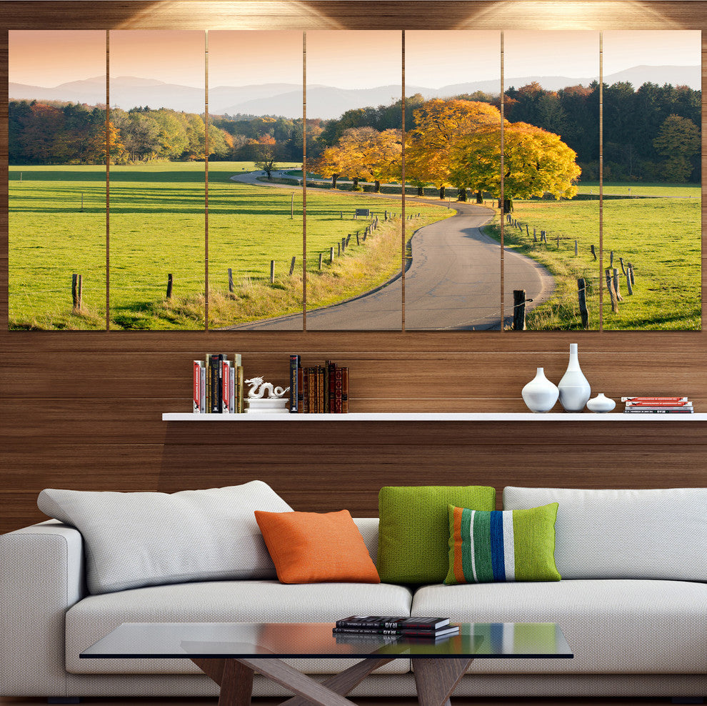 Winding Country Road in the Fall, Landscape Canvas Art Print, 83"x32", 7 Panels