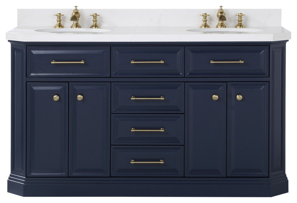 Palace 60" White Quartz Countertop Double Vanity, Blue, F2-0013 Faucets