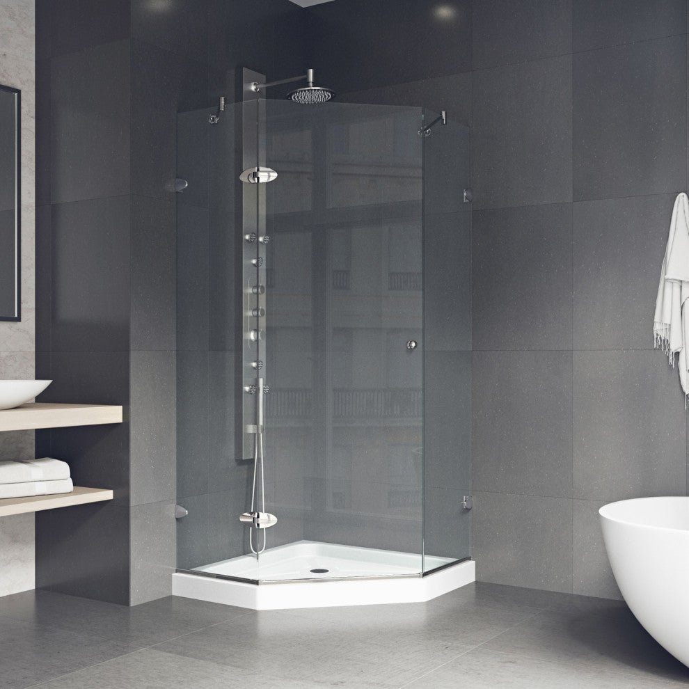 VIGO Verona Frameless Hinged Neo-Angle Shower Enclosure, Brushed Nickel, 40" D X 40" W, Low Base