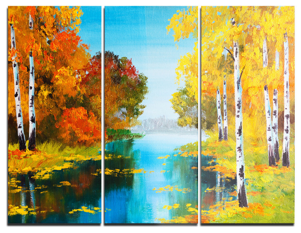 "Birch Forest near the River" Glossy Metal Wall Art, 3 Panels, 36"x28"