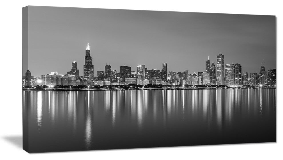 "Chicago Skyline at Night Black and White" Canvas Print32"x16"