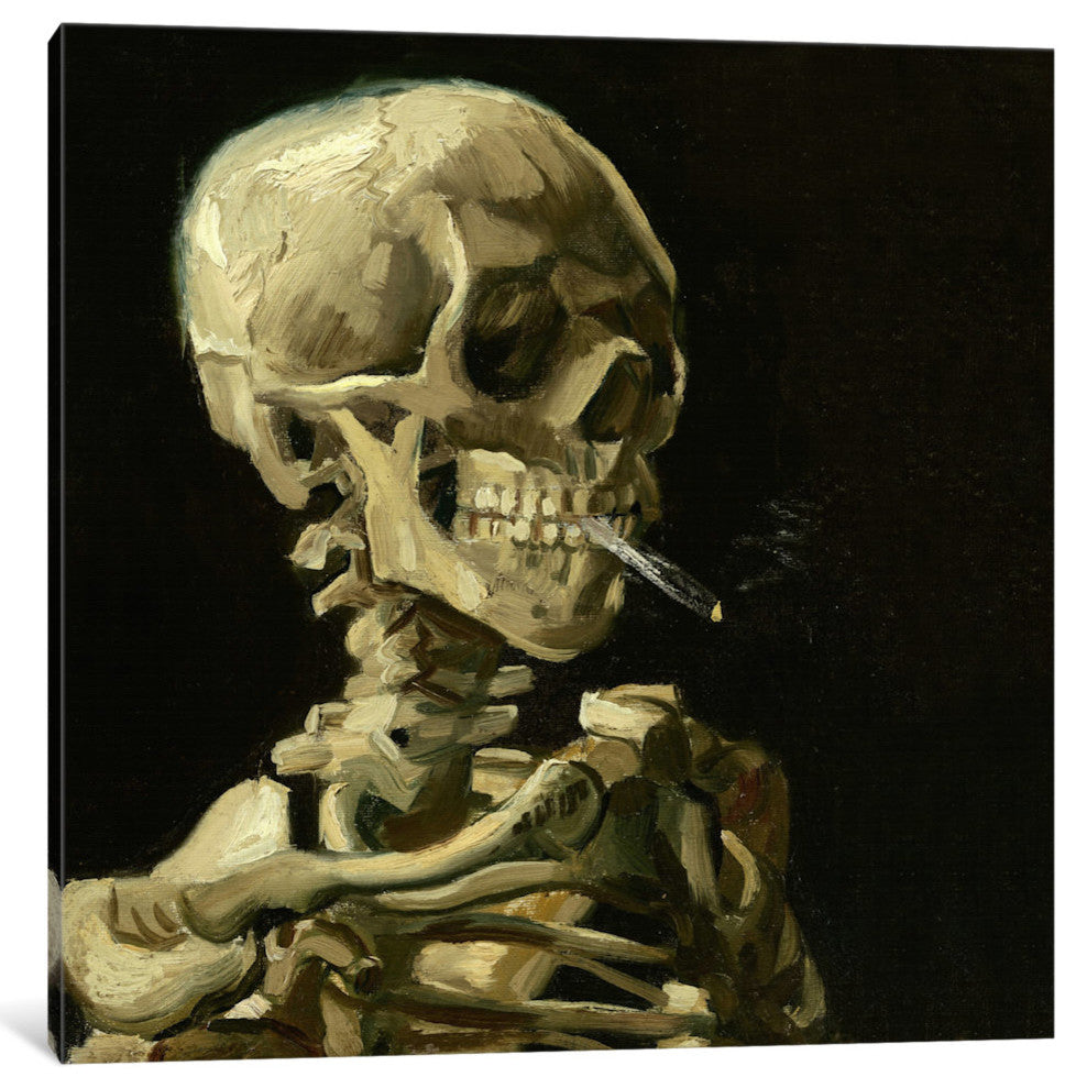 "Head Of A Skeleton With A Burning Cigarette" Wrapped Canvas  Print, 12x12x1.5
