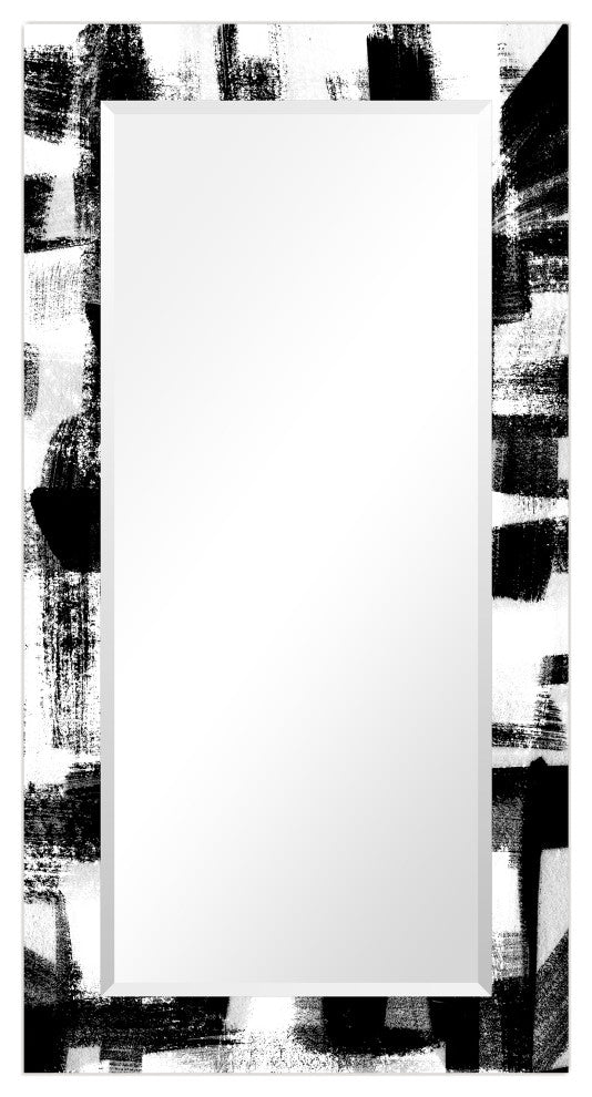 Black and WhiteBeveled Mirror on Printed Abstarct Tempered Art Glass, 54x28"
