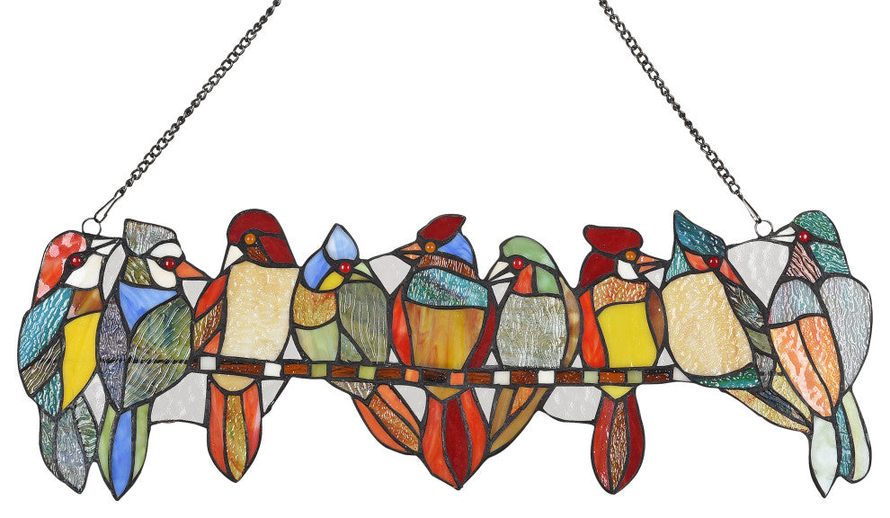 CHLOE Lighting Birds on a Vine Tiffany Animal Design Window Panel 26"x9"