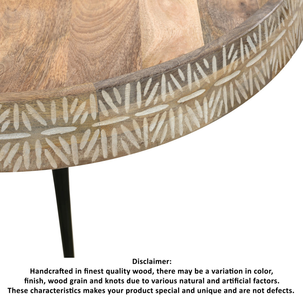 29" Coffee Table Round Handcrafted Mango Wood Carved Edge Black Iron Legs