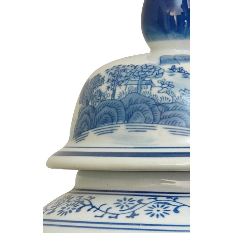18" Landscape Blue and White Porcelain Temple Jar