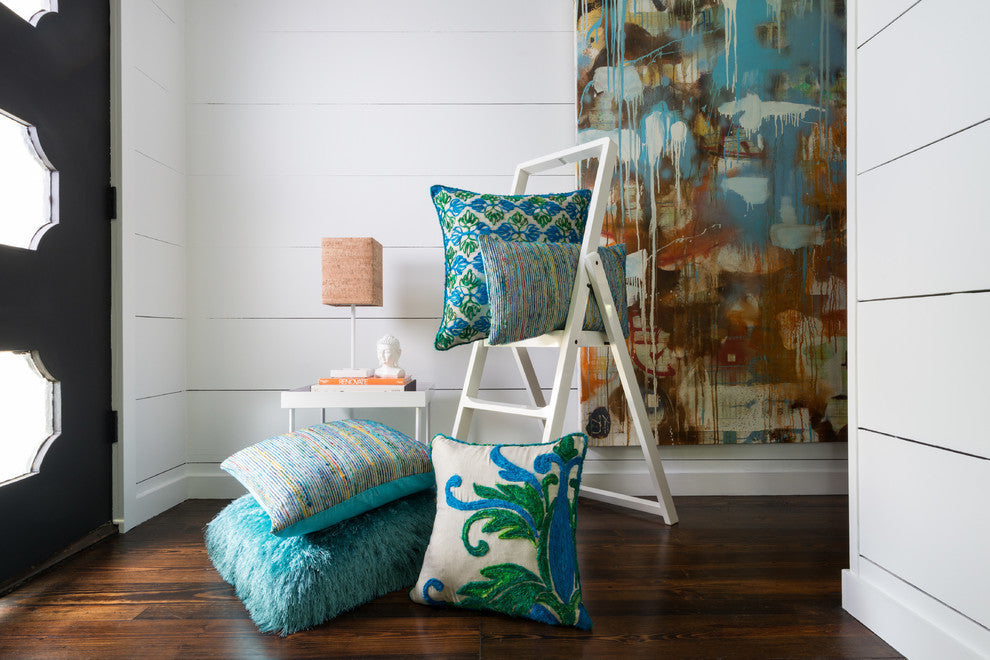 18"x18" Green / Blue Stitched Silk Yarn Throw Pillow by Loloi, Poly Fill