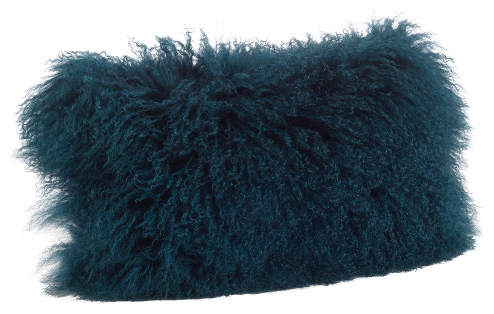 Mongolian Lamb Fur Poly Filled Throw Pillow, Teal, 12"x20"