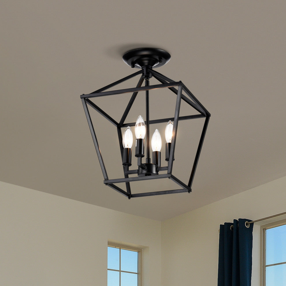 4-Light 12 in. Matte Black Cage Lantern Farmhouse Semi-flush Mount