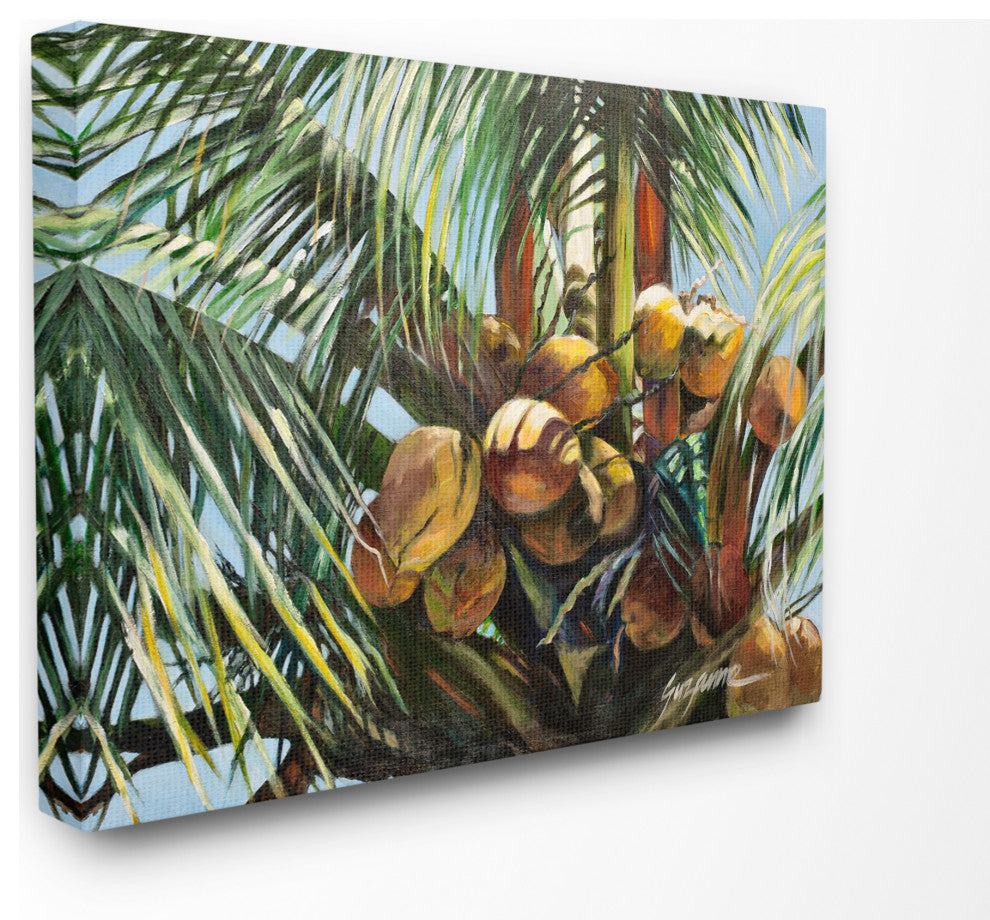 Tropical Palm Coconuts Green Yellow Painting, 24"x30", Canvas Art