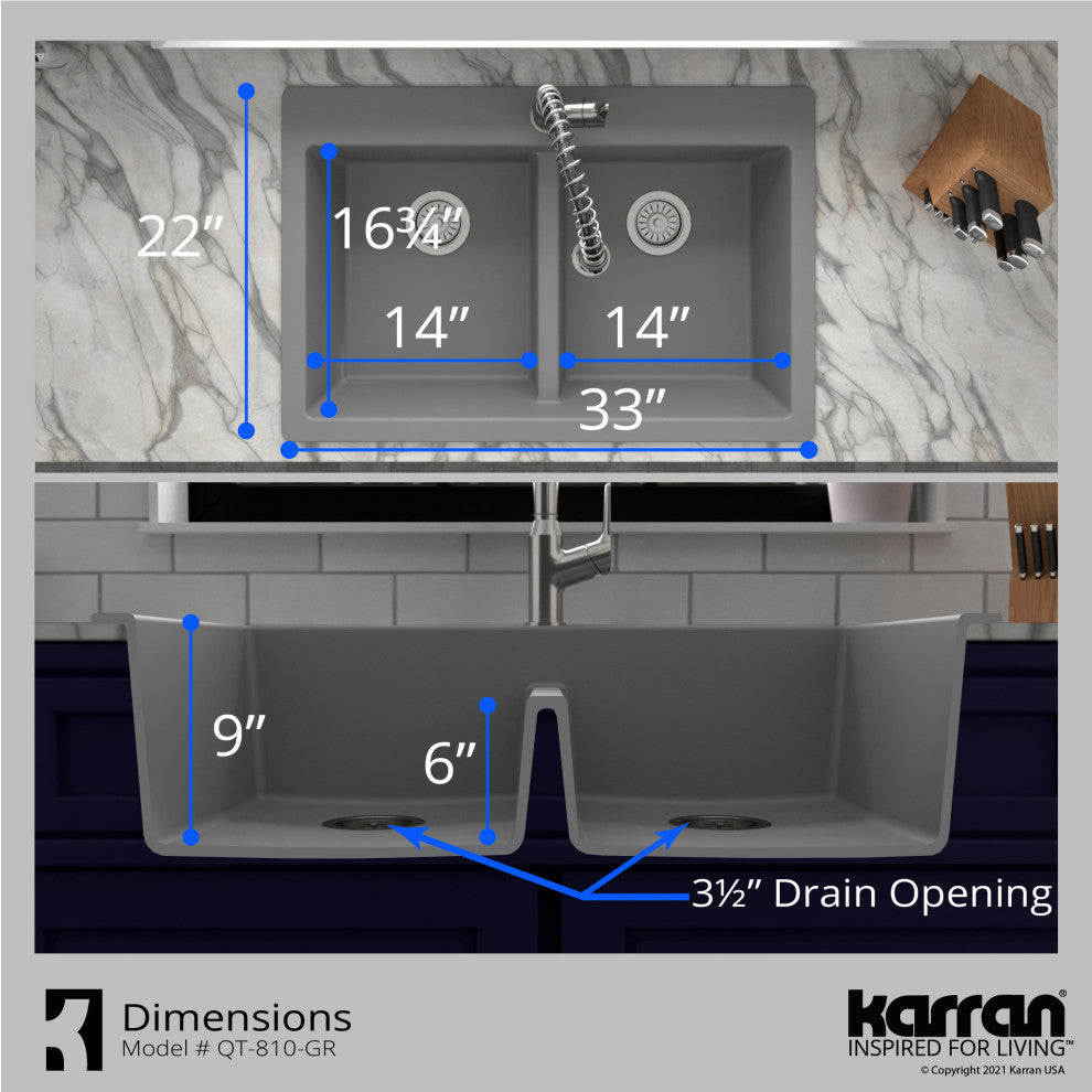 Karran 33" Top Mount Double Equal Bowl Quartz Kitchen Sink Kit, Grey