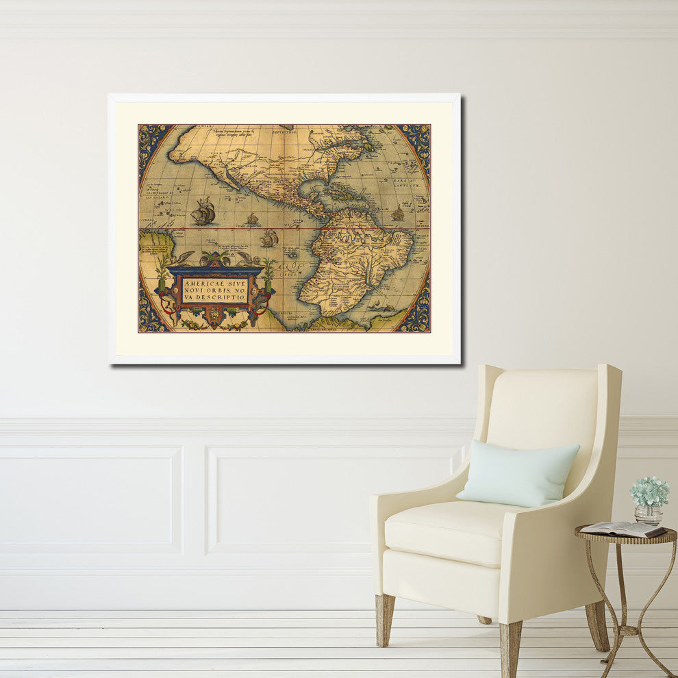North South America Old Map Print On Canvas With Frame Art Collection 16" X 21"