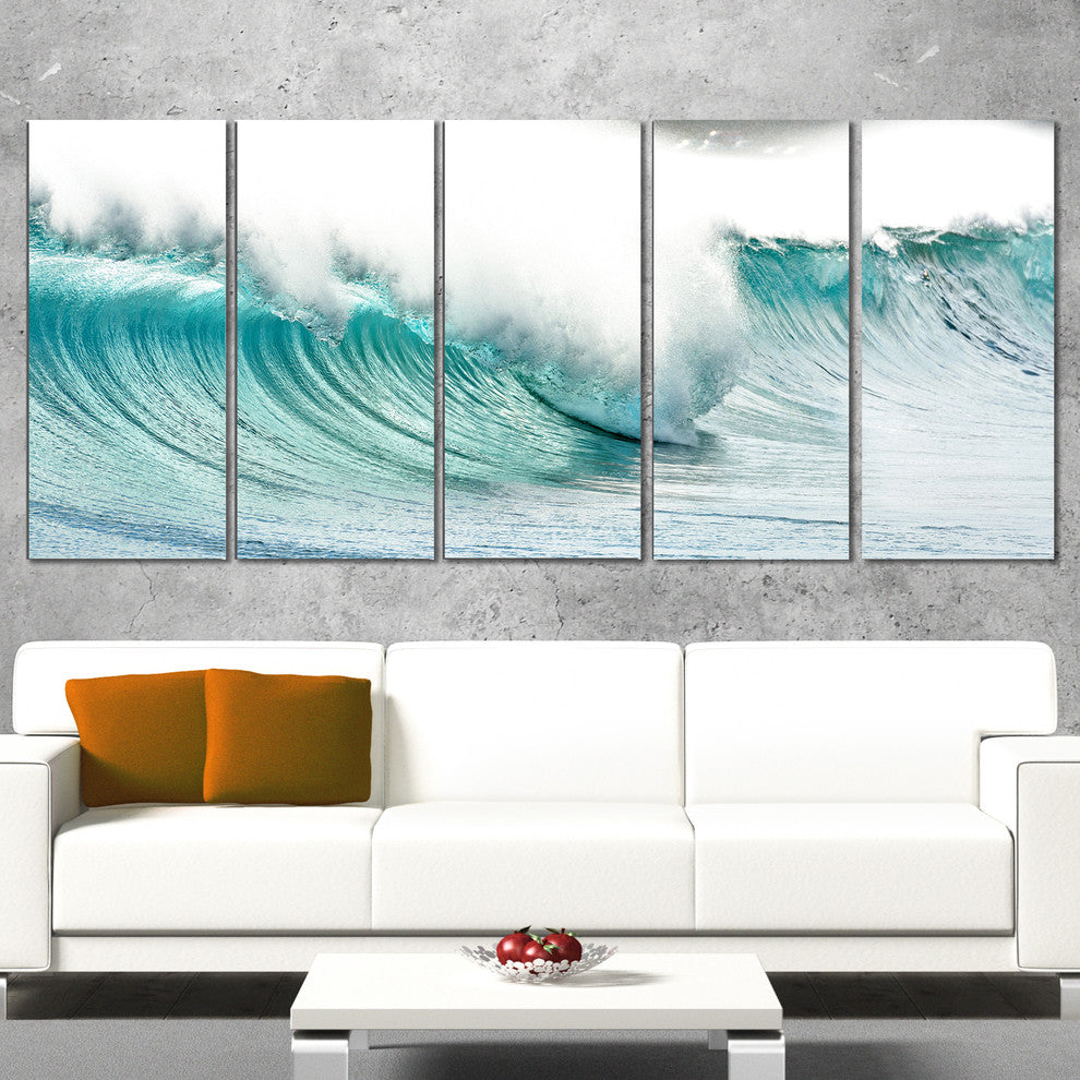 "Massive Blue Waves Breaking Beach" Seascape Wall Art, 5 Panels, 60"x28"
