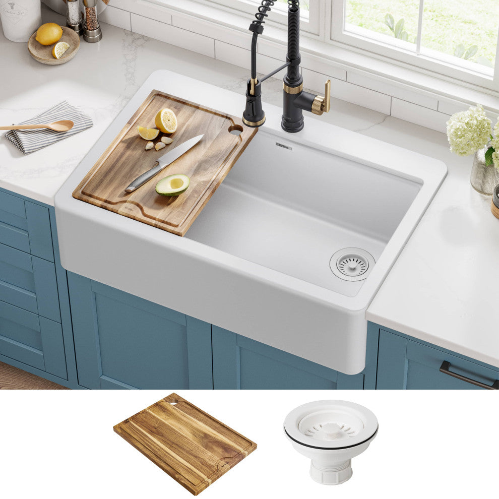 KRAUS Bellucci 33" Workstation Drop, Farmhouse Granite Kitchen Sink White