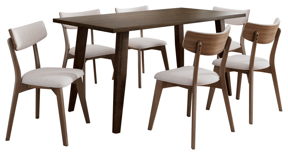 GDF Studio 7-Piece Mid-Century Dining Set, 6 Chairs, Light Beige/Walnut/Brown
