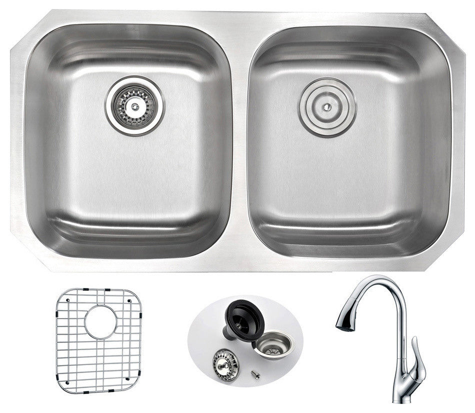 MOORE Undermount 32" Double Bowl Kitchen Sink,Accent Faucet,Polished Chrome