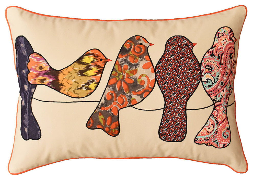 Lumbar Beige Birds On Wire I Decorative Pillow Cover Cotton Applique 18x18"