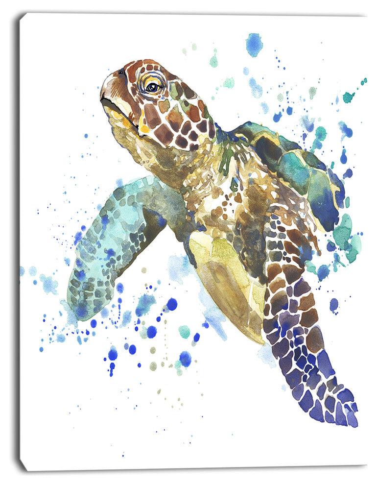 Blue Sea Turtle Illustration, Animal Canvas Art Print, 12"x20"