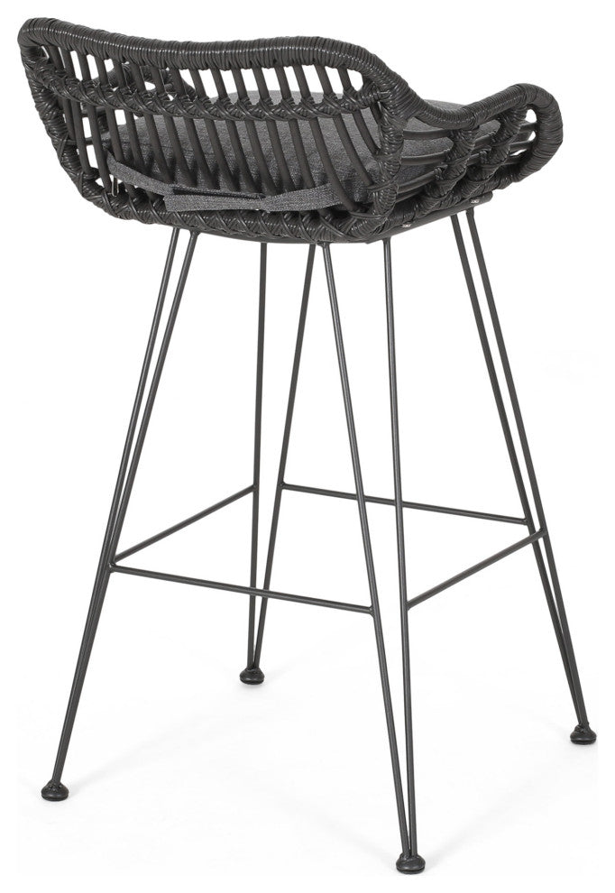 Lisa Outdoor Wicker Barstools with Cushions, Set of 2, Gray, Black, Dark Gray