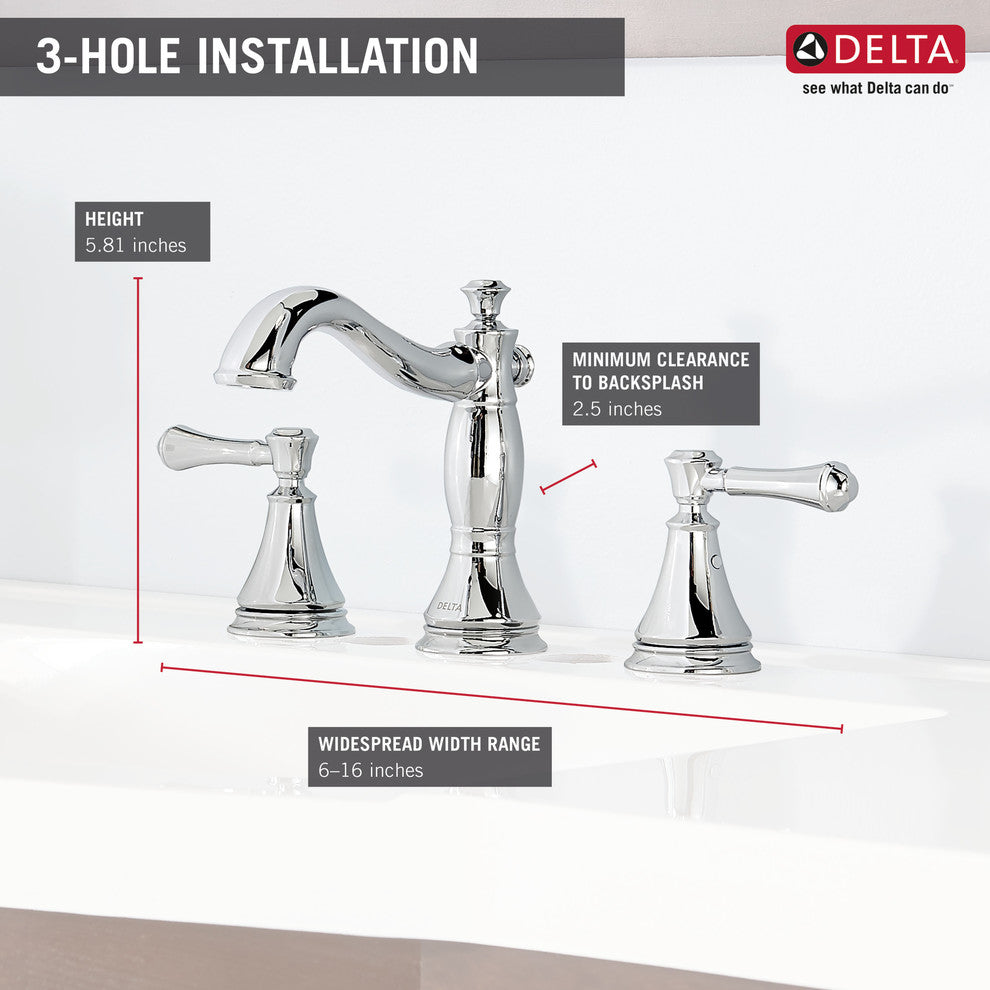 Delta Cassidy Two Handle Widespread Bathroom Faucet, Polished Chrome