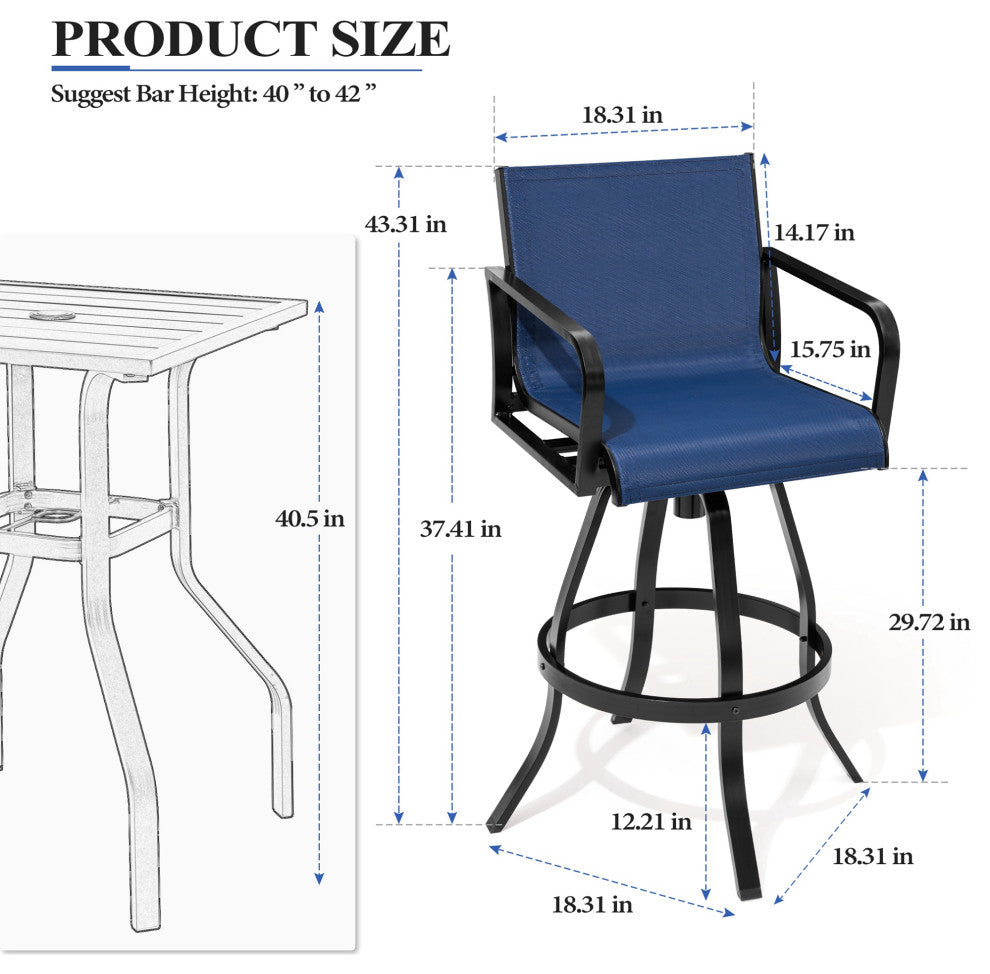 2PCS Patio Bar Stools Set Outdoor Cast Aluminum Bar Height Swivel Stools, Blue