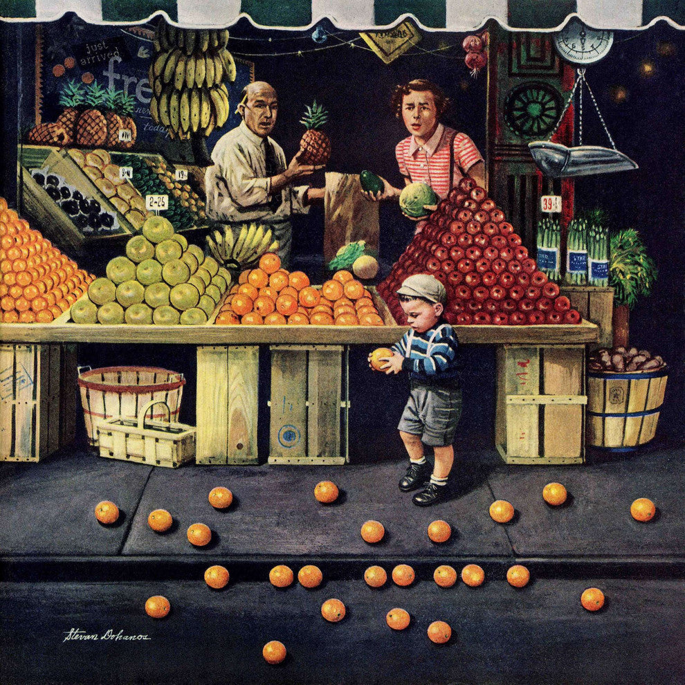 "Toddler and Oranges" Painting Print on Canvas by Stevan Dohanos