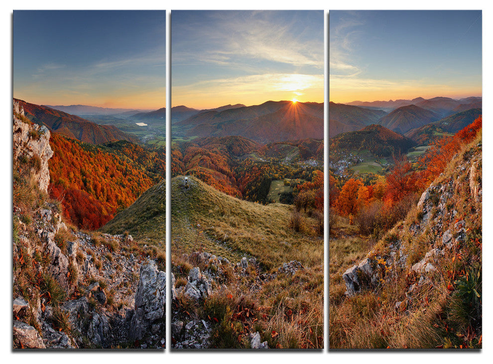 "Majestic Sunset in Mountain Landscape" Metal Wall Art, 3 Panels, 36"x28"