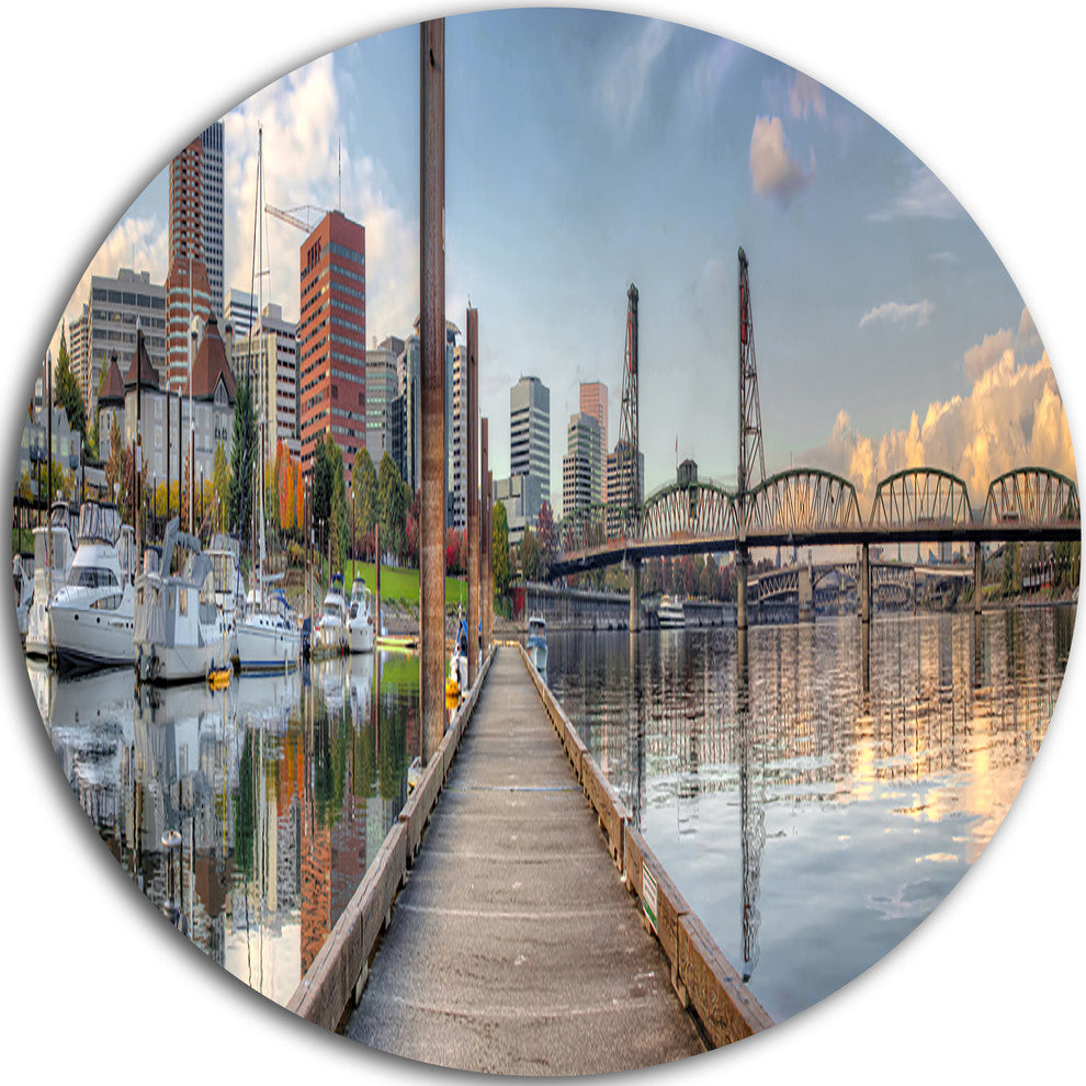 Marina Along The River, Landscape Photo Round Metal Wall Art, 11"