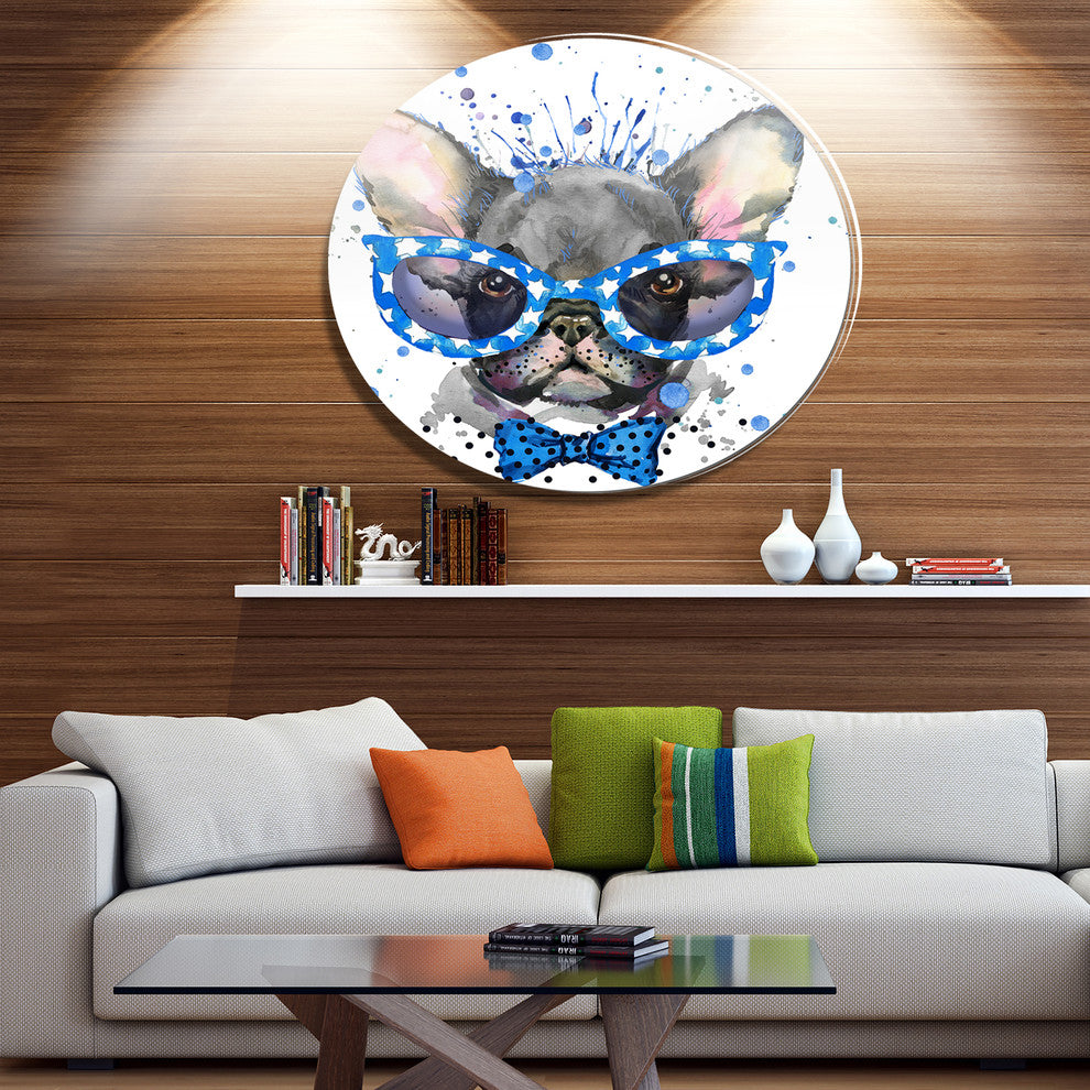 Cute French Bulldog With Glasses, Animal Round Metal Wall Art, 23"