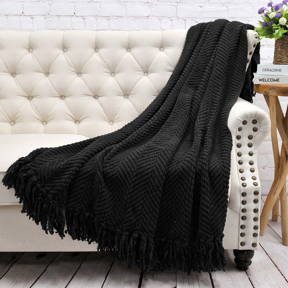 Tweed Knitted Throw Blanket, Raven, 50"x60"