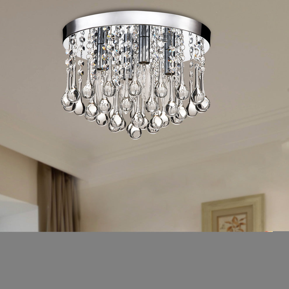 Bella 4-Light Chrome Finish Flush Mount With Clear Crystal Drops