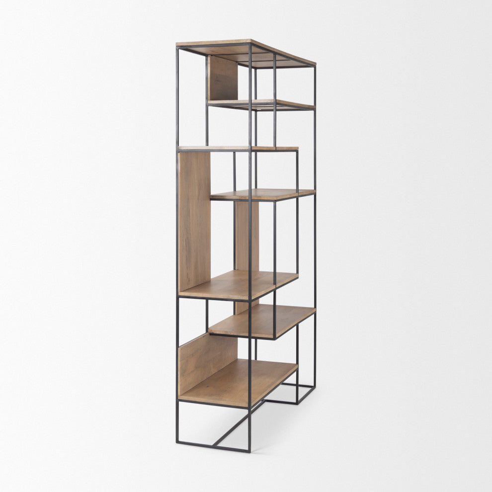 Morris Light Brown Wood With Black Metal Frame 6-Tier Shelving Unit