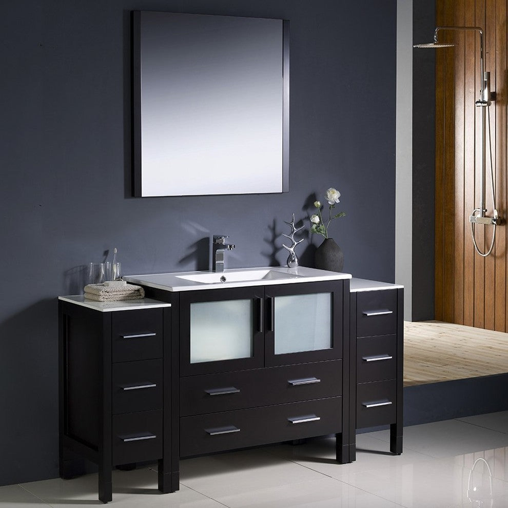 Torino 60" Espresso Modern Bathroom Vanity With 2 Side Cabinets, FFT3071BN