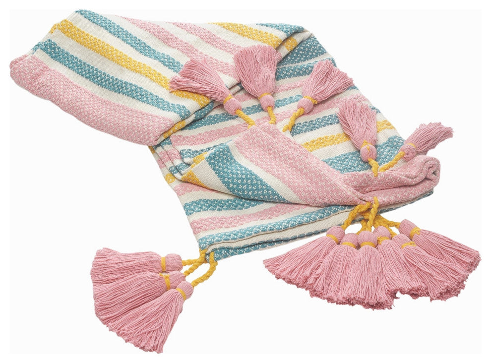 Pink, Blue, and Sunny Striped Throw Blanket With Tassels