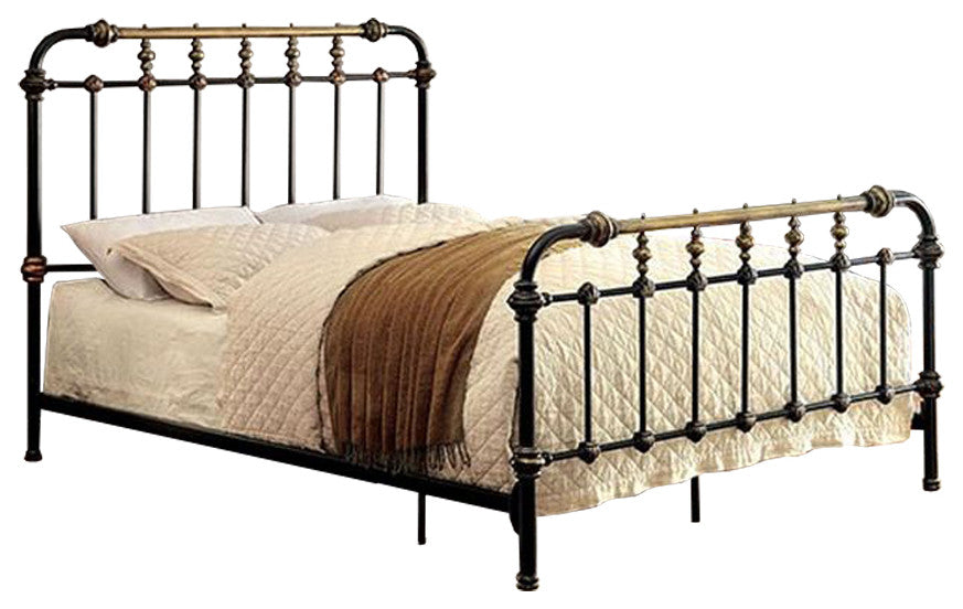Benzara BM131757 Classic Metal Twin Bed with gold accents, Black