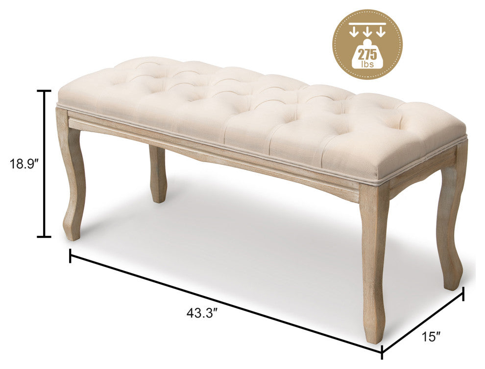 Wood Bench, Upholstered Ottoman, Tufted Bedroom Bench, Beige