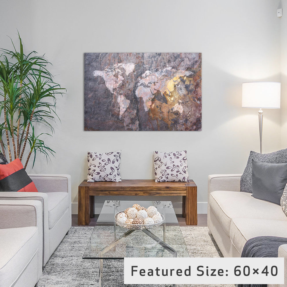 "World Map On Stone Background" Wrapped Canvas Print, 26x18x1.5