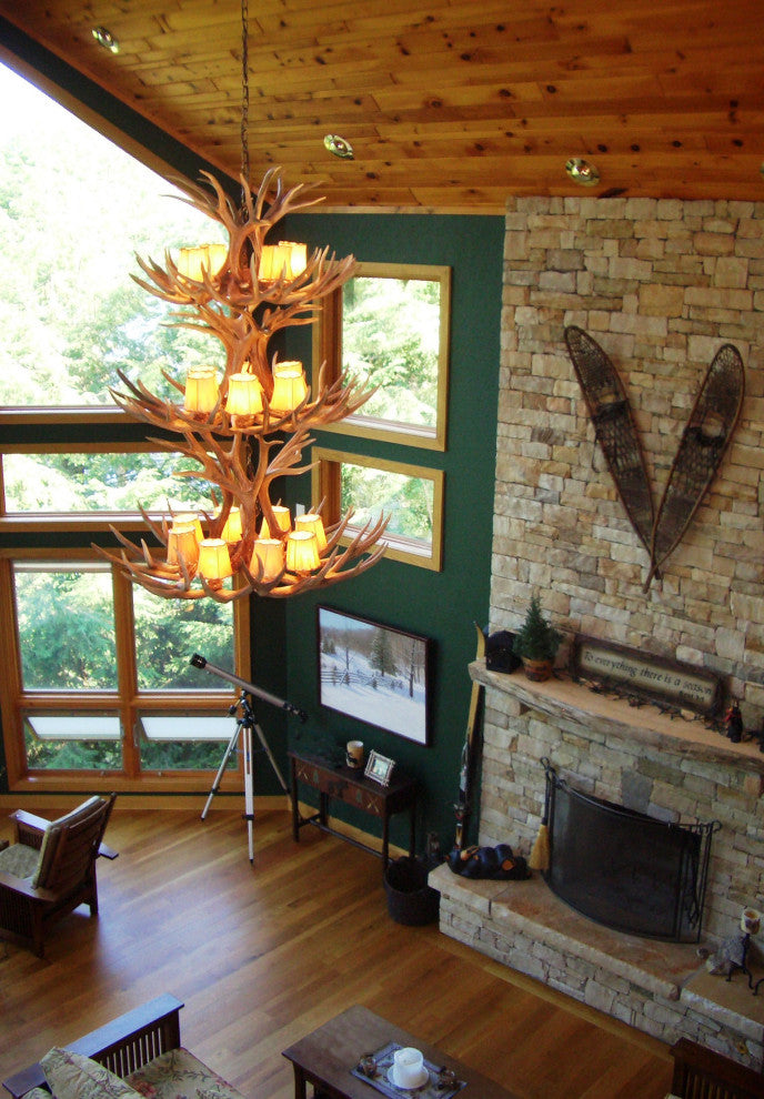 Mule Deer Triple Tier Antler Chandelier Light, Extra Large, Rawhide Shades